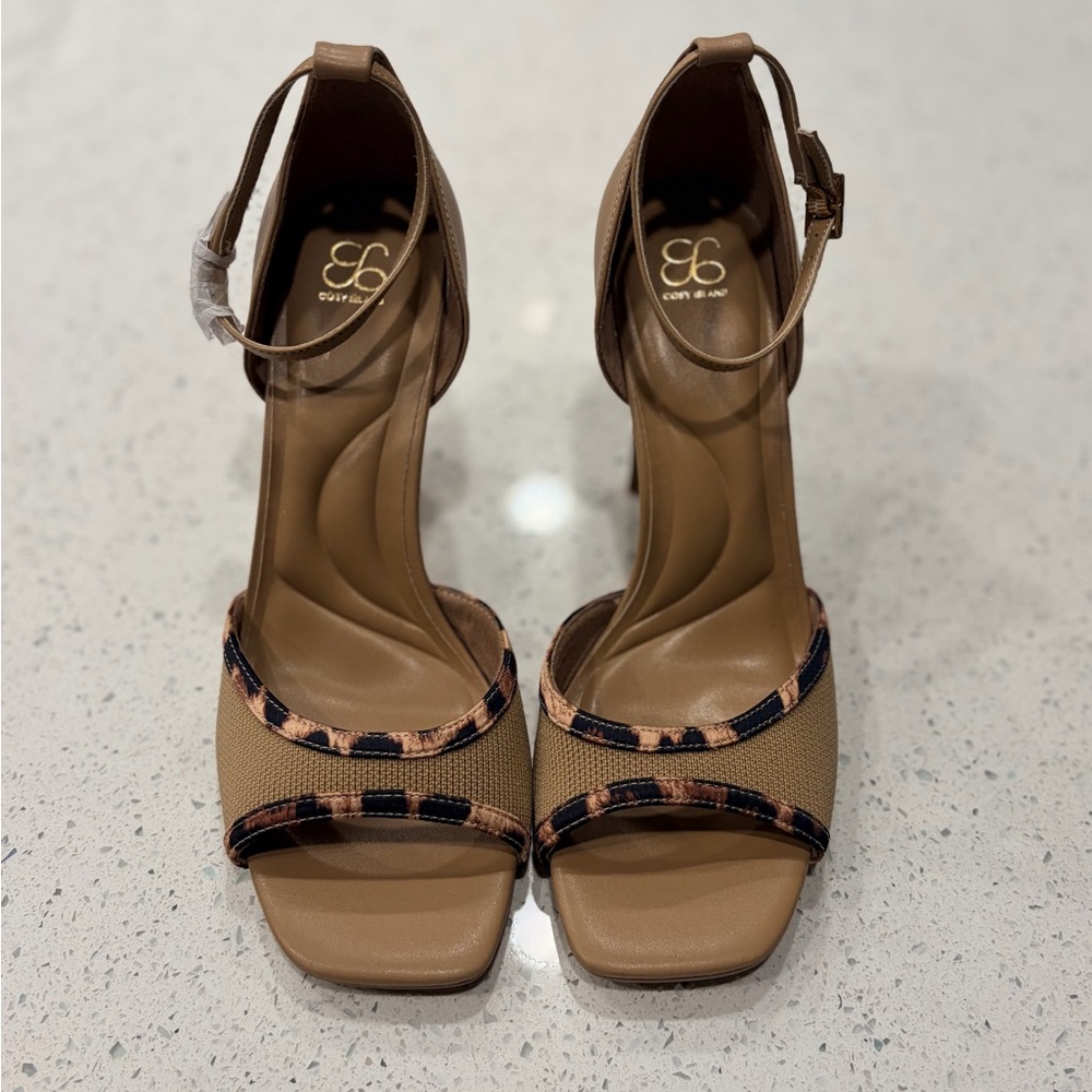 NEW Cozy Island Tan Leopard-Trim Ankle Strap Heels